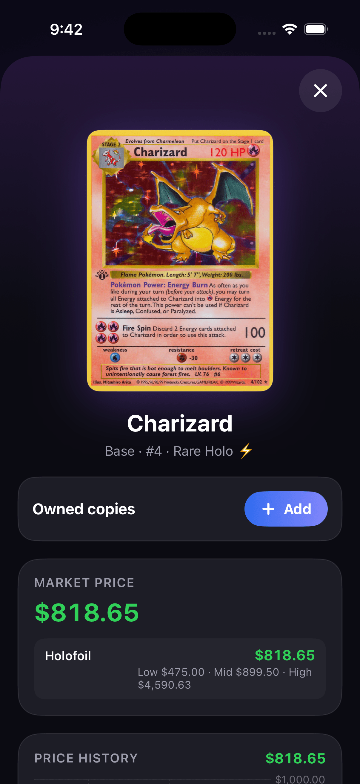 Slab's card detail view with variant and price history