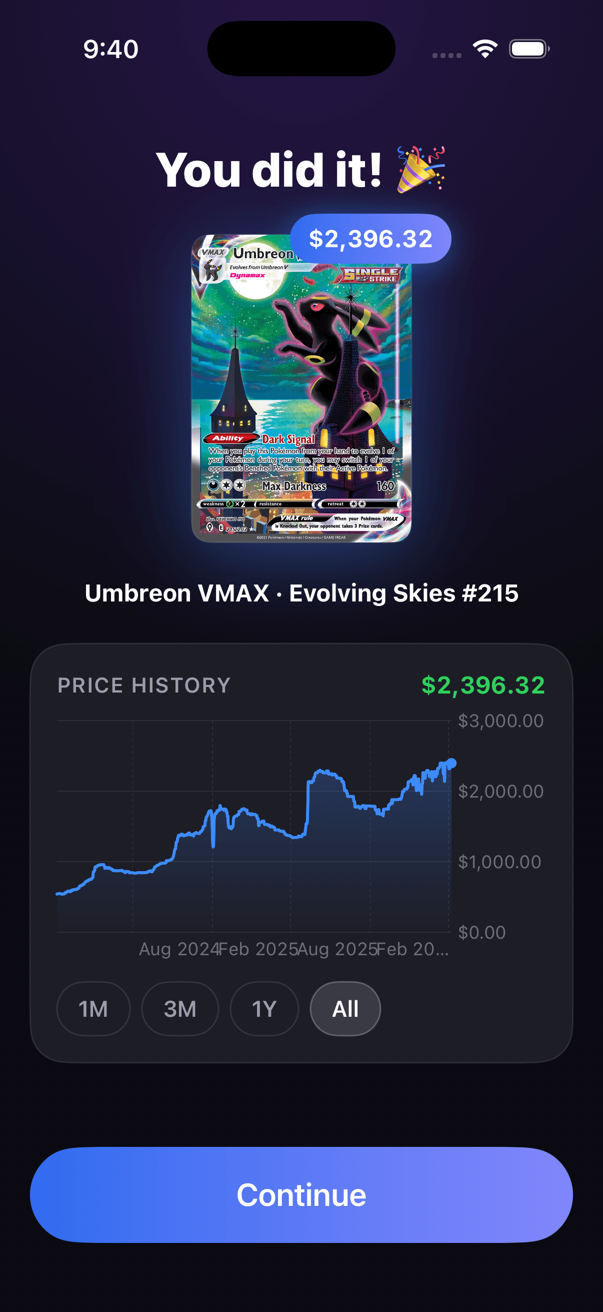 Slab showing a scanned card's identity and live price
